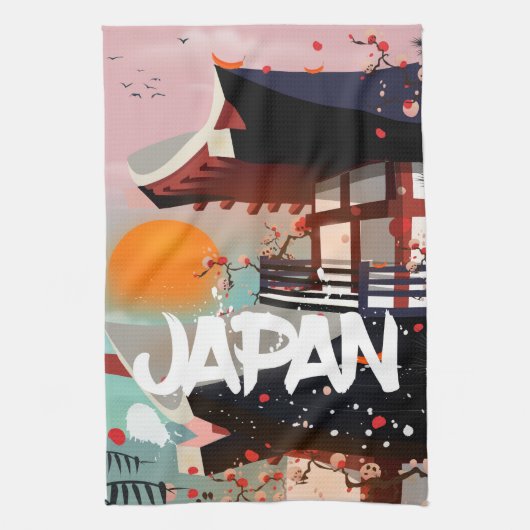 日本の建物 夕陽 ポスター キッチンタオル (縦)