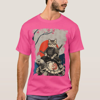 日本の忍者アートと日本のサムライ猫亀 f tシャツ