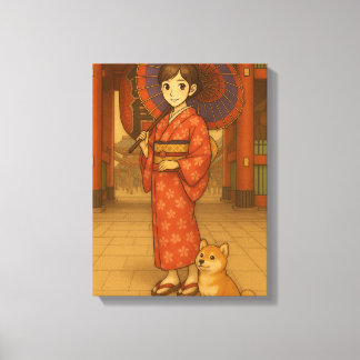 日本の散策 – 着物ガールと芝犬アートプリント キャンバスプリント