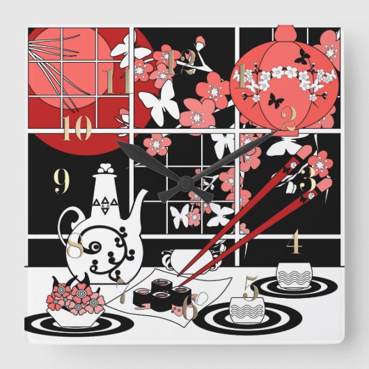 日本の料理 スクエア壁時計 (正面)