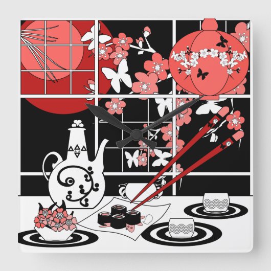日本の料理 スクエア壁時計 (正面)