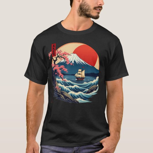 日本の日本風アート 神奈川 富士山 Tシャツ (正面)