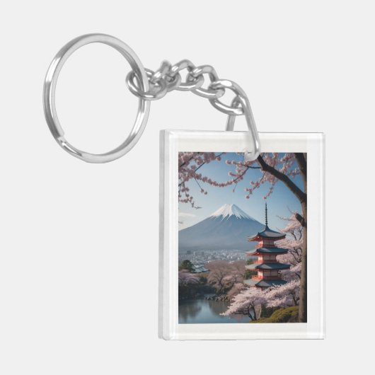 日本の春の最も美しい瞬間を凝縮したような一枚です。富士山を背景に、五重塔と満開の桜が描かれています。 キーホルダー (正面左)