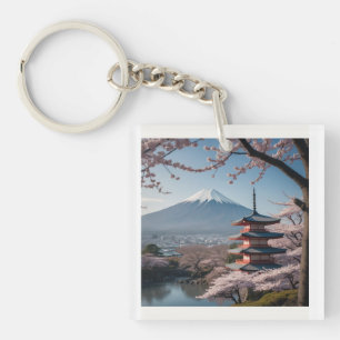 日本の春の最も美しい瞬間を凝縮したような一枚です。富士山を背景に、五重塔と満開の桜が描かれています。 キーホルダー