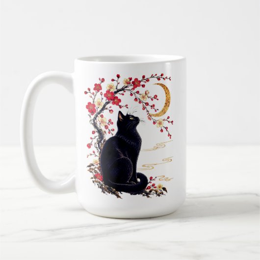 日本の月見庭園の黒猫 コーヒーマグカップ (左)