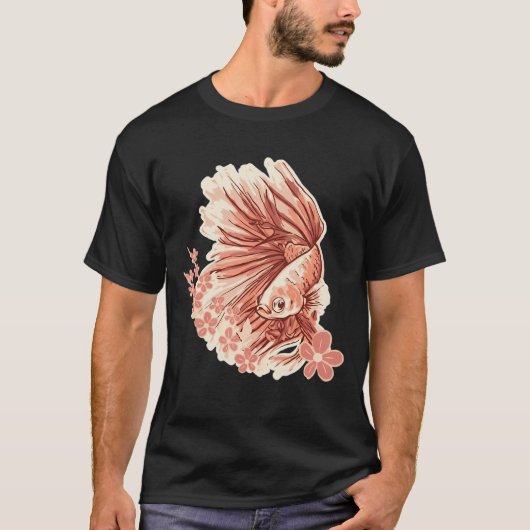 日本の桜と美しいベタの魚 Tシャツ (正面)