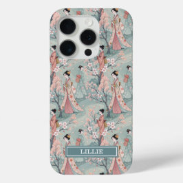 日本の桜と芸者パターンのモノグラム iPhone 15 PROケース