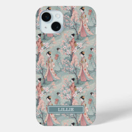 日本の桜と芸者パターンのモノグラム iPhone 15 MINIケース