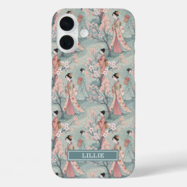 日本の桜と芸者パターンのモノグラム iPhone 16 PLUSケース