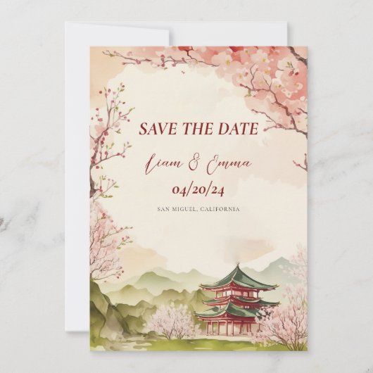 日本の桜の伝統的な結婚式延期通知 招待状 (正面)