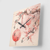 日本の桜の木と提灯 スクエア壁時計 (傾斜)