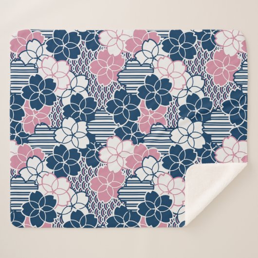 日本の桜の花の幾何学模様 シェルパブランケット (正面(横))