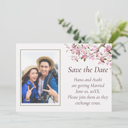 日本の桜の花の結婚式 Save The Date カード (スタンド正面)