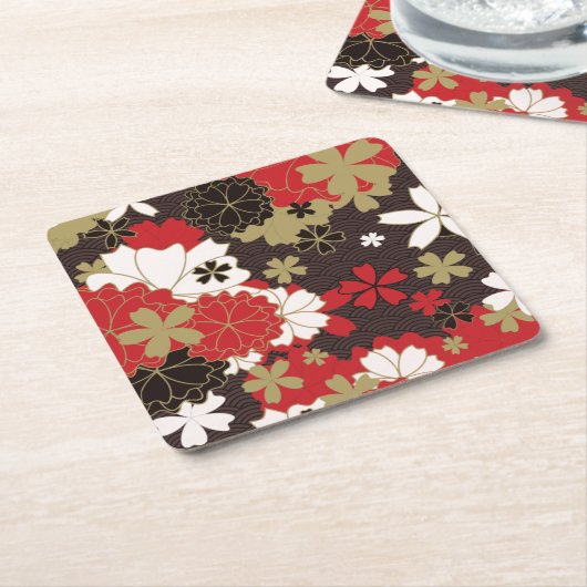 日本の桜アートヴィンテージフローラルパターン スクエアペーパーコースター (アングル)