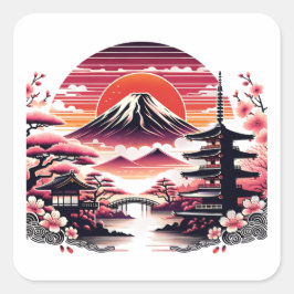 日本の桜園 富士山 桜の花 スクエアシール