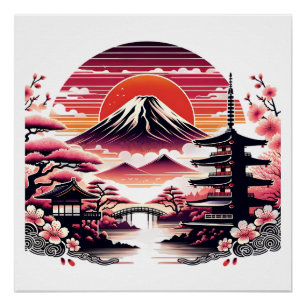 日本の桜園 富士山 桜の花 ポスター