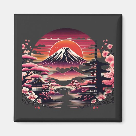 日本の桜園 富士山 桜の花 マグネット (正面)