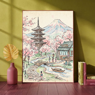 日本の桜 富士山 水彩のランド ポスター