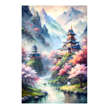 日本の水彩画の村 | 禅の風景プリント