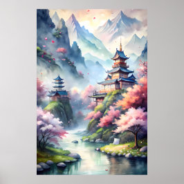日本の水彩画の村 | 禅の風景プリント ポスター