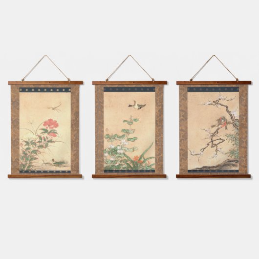 日本の江戸時代の狩野元信 吊り下げ型タペストリー (トリプル)
