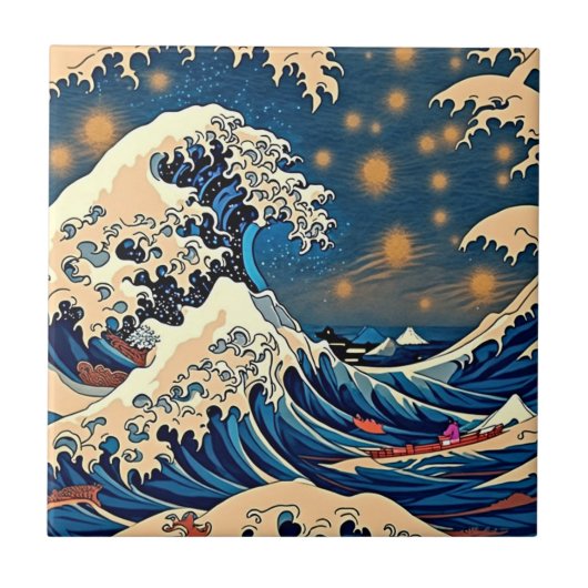 日本の波と星空の陶芸アートタイル タイル (正面)