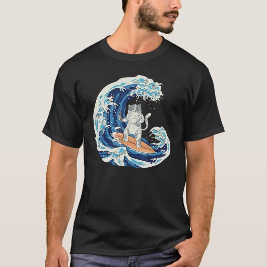 日本の波に乗る猫の寿司 Tシャツ (正面)