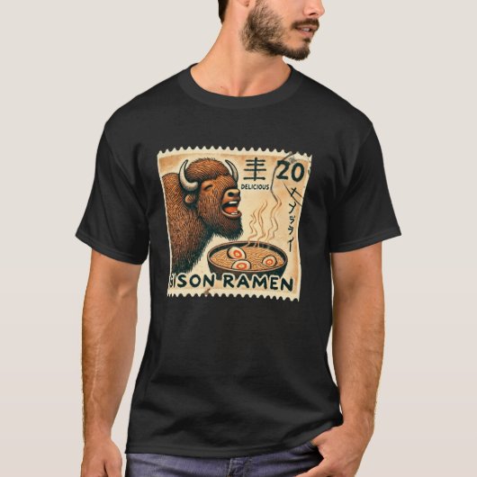 日本の洞窟アートの切手ヌードルバイソンラーメン Tシャツ (正面)