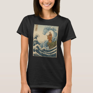 日本の浮世絵アート 猫の僧侶が水龍を鎮める Tシャツ