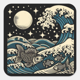 日本の浮世絵スタイルの大波と魚と星空の夜 スクエアシール