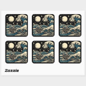 日本の浮世絵スタイルの大波と魚と星空の夜 スクエアシール (シート)