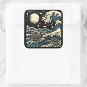 日本の浮世絵スタイルの大波と魚と星空の夜 スクエアシール (バッグ)