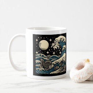 日本の浮世絵スタイルの大波と魚と星空 コーヒーマグカップ