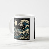 日本の浮世絵スタイルの大波と魚と星空 コーヒーマグカップ (正面左)