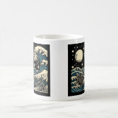 日本の浮世絵スタイルの大波と魚と星空 コーヒーマグカップ (中央)