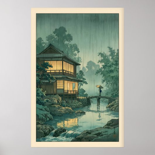 日本の浮世絵壁画 - 雨の河畔の風景 ポスター (正面)