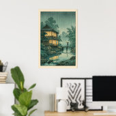 日本の浮世絵壁画 - 雨の河畔の風景 ポスター (ホームオフィス)