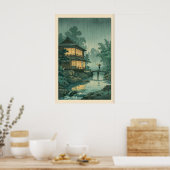 日本の浮世絵壁画 - 雨の河畔の風景 ポスター (キッチン)