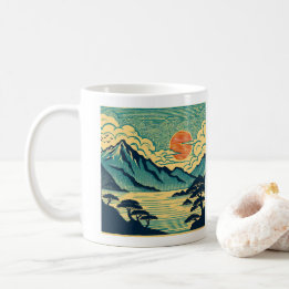 日本の浮世絵風ターコイズブルーの山々とオレンジ色の夕焼けアート コーヒーマグカップ