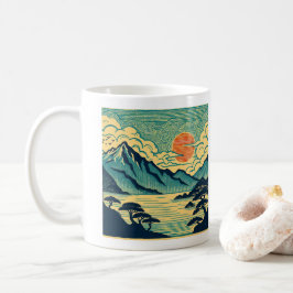 日本の浮世絵風ターコイズブルーの山々とオレンジ色の夕焼けアート コーヒーマグカップ