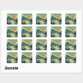 日本の浮世絵風ターコイズブルーの山々とオレンジ色の夕焼けアート スクエアシール (シート)