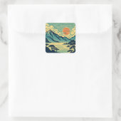 日本の浮世絵風ターコイズブルーの山々とオレンジ色の夕焼けアート スクエアシール (バッグ)