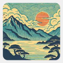 日本の浮世絵風ターコイズブルーの山々とオレンジ色の夕焼けアート スクエアシール