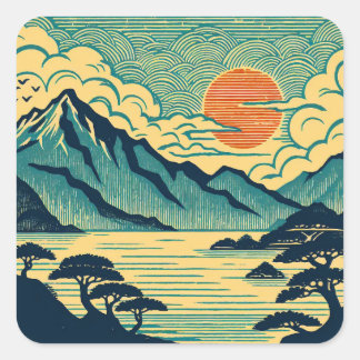 日本の浮世絵風ターコイズブルーの山々とオレンジ色の夕焼けアート スクエアシール