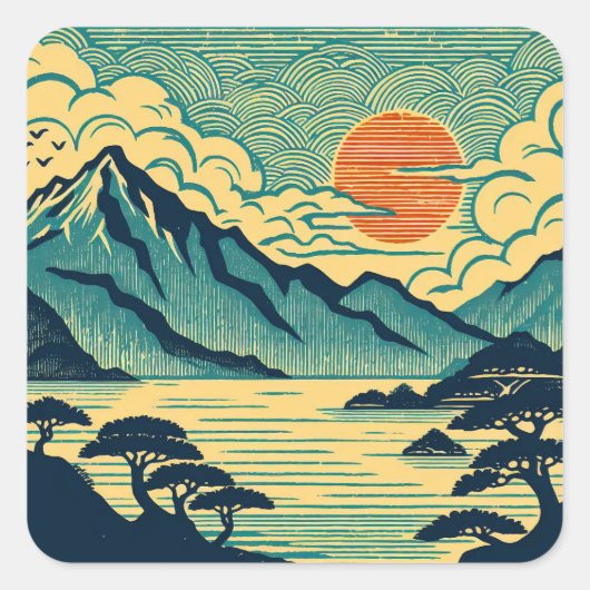 日本の浮世絵風ターコイズブルーの山々とオレンジ色の夕焼けアート スクエアシール (正面)