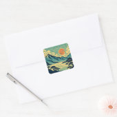 日本の浮世絵風ターコイズブルーの山々とオレンジ色の夕焼けアート スクエアシール (封筒)