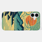 日本の浮世絵風ターコイズブルーの山々とオレンジ色の夕焼けアート iPhoneケース (裏面横)