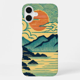 日本の浮世絵風ターコイズブルーの山々とオレンジ色の夕焼けアート iPhone 16 PLUSケース