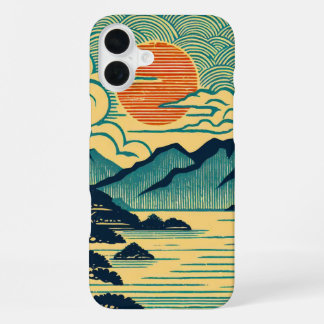 日本の浮世絵風ターコイズブルーの山々とオレンジ色の夕焼けアート iPhone 16 PLUSケース
