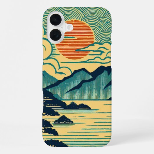 日本の浮世絵風ターコイズブルーの山々とオレンジ色の夕焼けアート iPhoneケース (裏面)